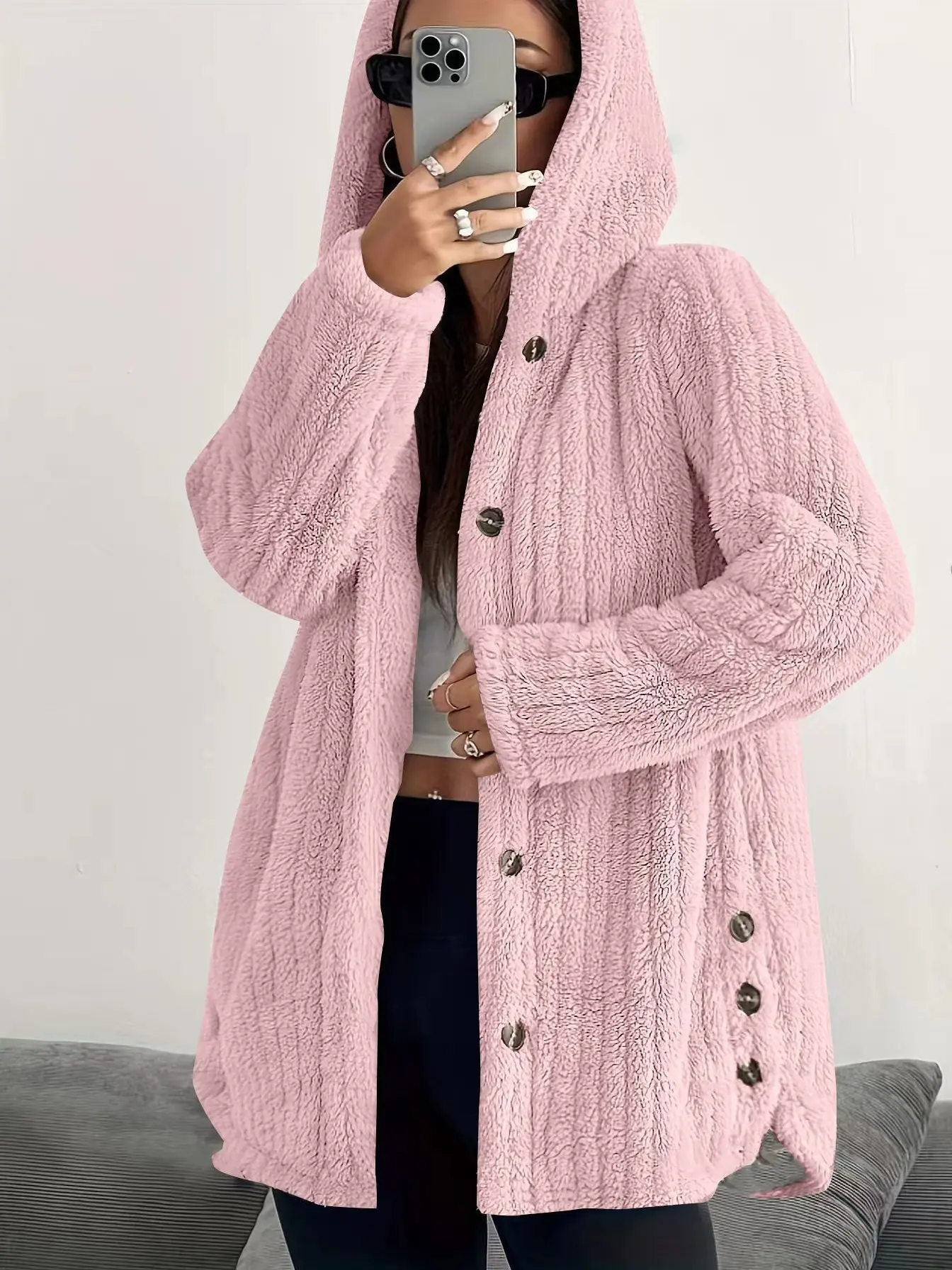 Clean Gent women’s lightweight plush hooded jacket, warm mid-length teddy bear cardigan with side buttons and a slit design, loose fit, solid color, autumn/winter outerwear