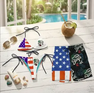 Summer 2026 Couple Beach Set, American Flag Bikini and Bangs Tropical Hawaiian Shorts