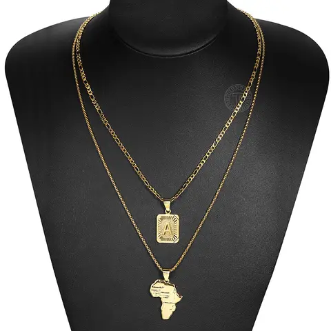Gold Color Jewelry Set Africa Map & Initial Letter Pendants Layered Stainless Steel Necklaces for Men Women Unisex Fashion Christmas Gift