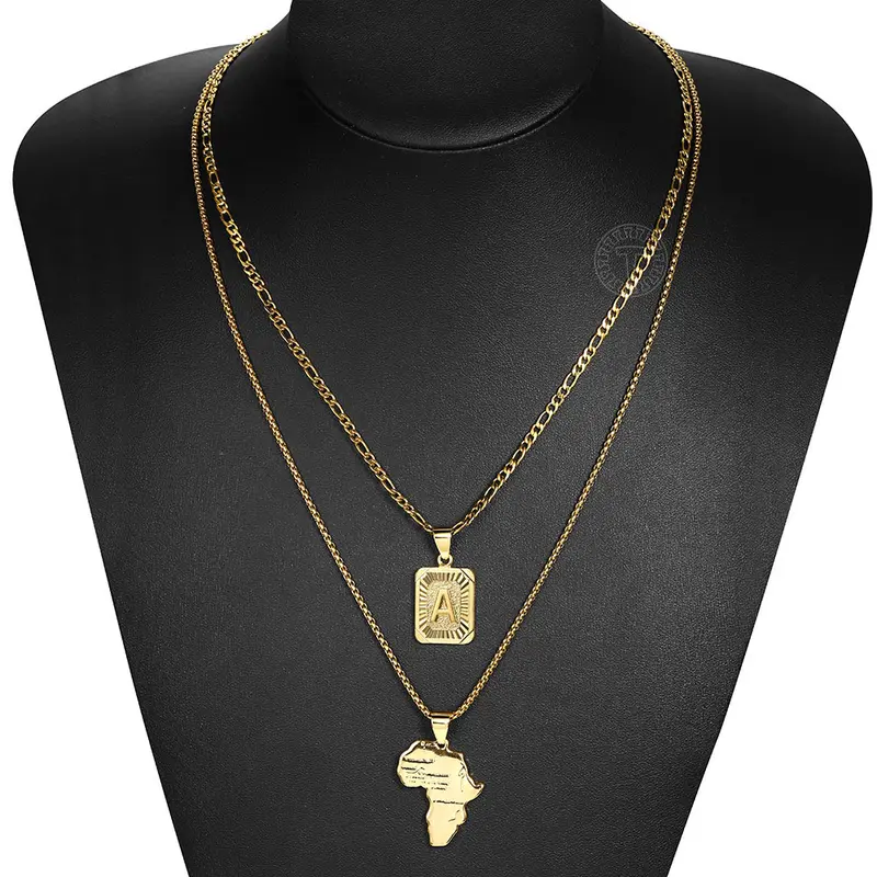 Gold Color Jewelry Set Africa Map & Initial Letter Pendants Layered Stainless Steel Necklaces for Men Women Unisex Fashion Christmas Gift