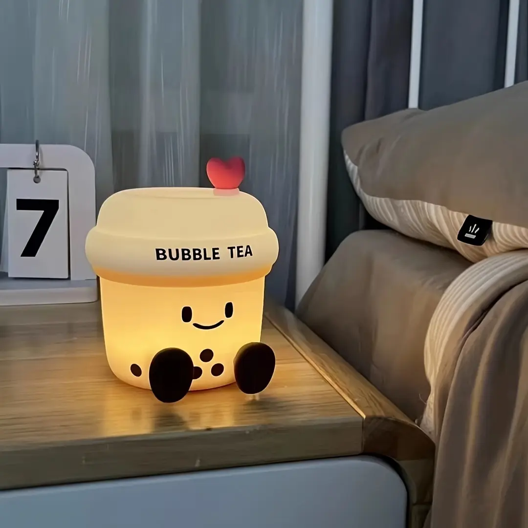 Cute Bubble Tea Silicone Night Light - Warm Soft Glowing Boba Cup Bedside Lamp, Rechargeable Nursery Desk Decor Light, Kawaii Christmas Birthday Gifts for Kids Girls Teen