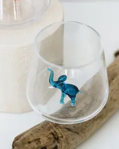 Drinking Glass with Blue Elephant Figurine, Stemless Wine Glasses , Elephant Décor, Animal Gifts, Drinkware Gifts, Safari Animals, Glasses