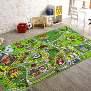Kids Green Town Traffic Map Flannel Area Rug - Colorful City Road & Car Track Print Soft Mat for Playroom & Nursery, Non-Slip Educational Play Rug #KidsTownTrafficRug #GreenCityMapMat #EducationalPlayCarpet #CarTrackRug #NonSlipKidsMat