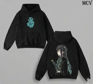 Demon Slayer Muichiro Tokito Washed Hoodie, Anime Samurai Character Back Print, Vintage Acid Wash Unisex Streetwear