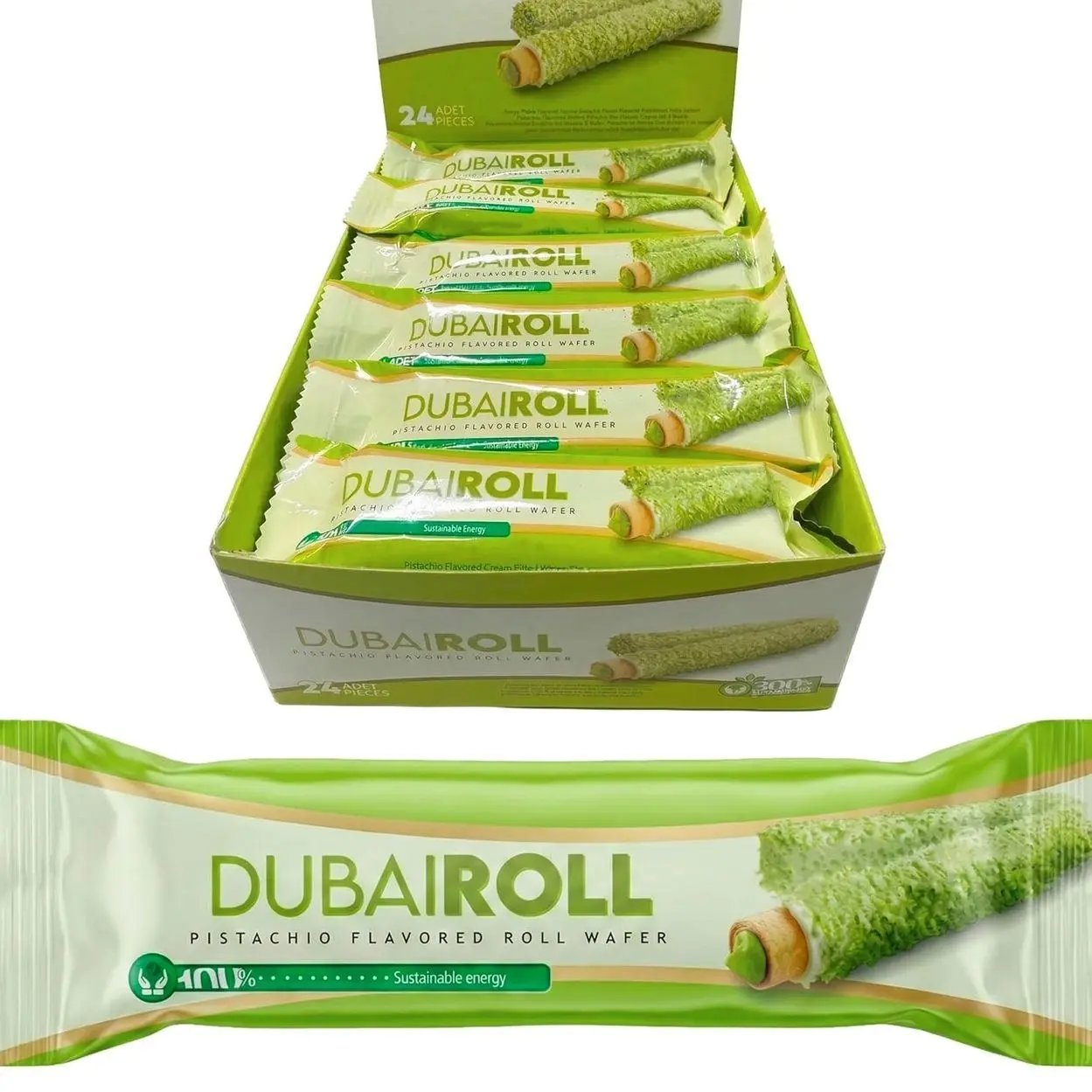 UNIQBITE Dubai Style Wafer Rolls, Pistachio Cream Filled White Chocolate Coated Roll Wafers, 24 Pieces x 0.63 oz