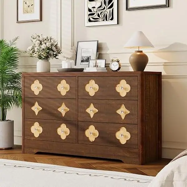 GARVEE Modern 6-Drawer Wooden Dresser - 47.2in Wide Mid-Century Storage Cabinet, Boho Home Decor, Large Capacity, Oak/White Finishes, for Bedroom, Living Room
