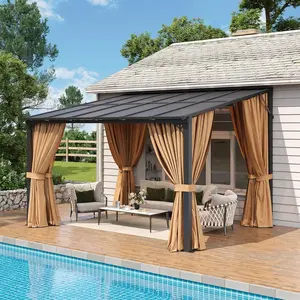 Aoxun 10'x12' Lean-To Gazebo, Wall Mounted Pergola with Mosquito Net & Curtains, Aluminum Frame Polycarbonate Sloped Roof Outdoor Canopy for Backyard Porch Deck