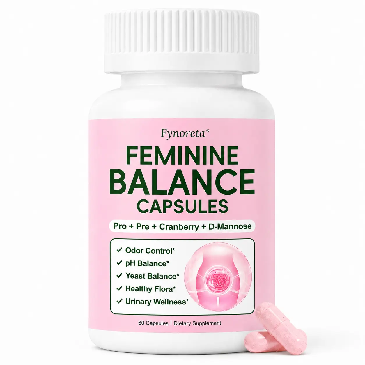 Fynoreta Feminine Balance Capsules, Women's Probiotic for Odor Control, pH Balance, Healthy Flora & Urinary Wellness, with Prebiotics, Cranberry & D-Mannose