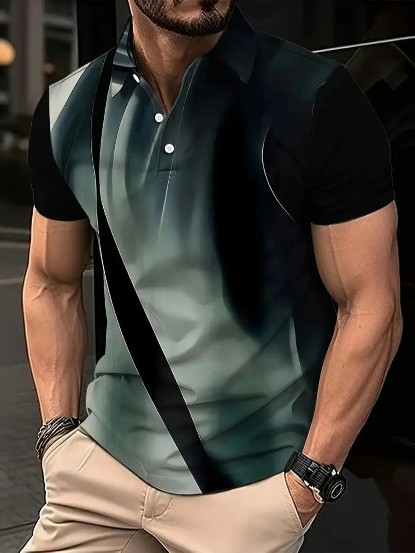 Men's Summer Buttoned Polo Shirt, Classic Casual Style Fitted Design, Short Sleeve Knit Print Fabric, Moderate Thick All Season Wear, Casual Golf Polos, Printed Polo Tops, Menswear