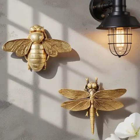 Vintage Gold Bee / Dragonfly Wall Sculpture - Resin Wall Decor - 3D Wall art for Bedroom, Living Room, Bathroom, Aesthetic Room, Office & Home Decoration - Hangable Wall Ornament - Decorative Wall Hanging - Gift Idea for Birthday, Thanksgiving & Christmas