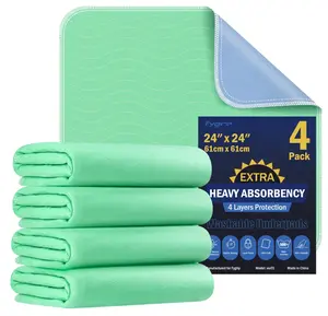 4 Pack 24” x 24” Extra Heavy Absorbency Washable Underpads, Waterproof Nursing Pads Incontinence Bed Pads, Reusable Washable Pee Pads for Dogs, Diaper Changing & Adults, Washable Puppy Pads