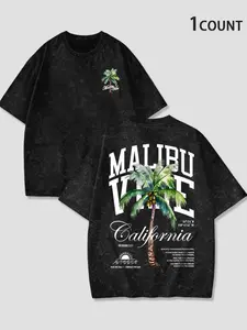 Men's Summer Vintage Malibu Theme T-Shirt, Distressed Washed Look, Loose-Fit, Casual Style, Ideal for Daily Wear, Streetwear, Vacation