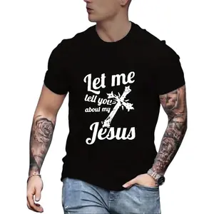Cross With Letter "Let Me Tell You About My Jesus" Pattern Print Men's Slightly Stretch T-shirt, Graphic Tee Men's Summer Clothes, Men's Outfits