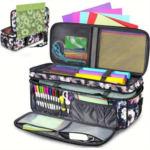 Double Layer Cricut Maker 3 and Explore Air 2 Portable Bag, Waterproof Bag with Cutting Board Pockets, Tools and Accessories Storage Bag, Floral Pattern