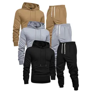 3-Pack Men'S Casual Sports Hoodie And Sweatpants Tracksuit Set, Solid Color, Long Sleeve Pullover with Pocket, Knit Polyester, Slight Stretch, Regular Fit, Elastic Waist with Drawstring, Ribbed Cuff Pants - Spring/Fall Athletic Ou