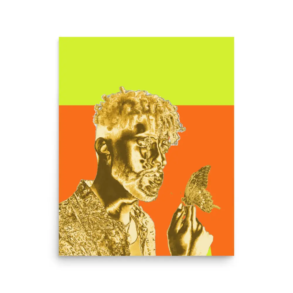 Bad Bunny Golden Portrait Print: Luxury Butterfly Music Star Wall Art
