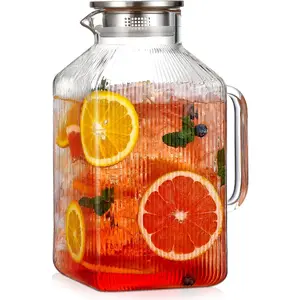 1 Gallon thickened Square Glass Pitcher with Lid, Classic Stripes Water Pitchers for Fridge, Borosilicate Glass Carafe for Hot/Cold Brew Drink, Extra Large Jug with Handle for Iced Tea, Coffee, Juice