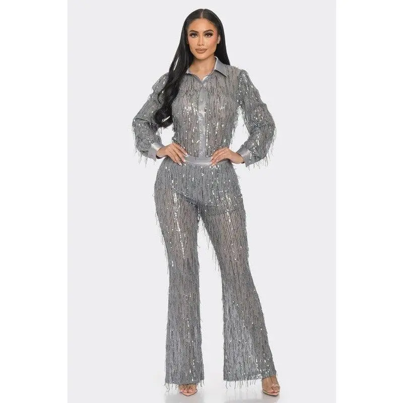 Flared Bottom Pant Set Grey