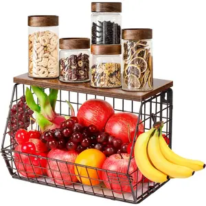 Fruit Basket for Kitchen, Metal Fruit Vegetable Storage Bin with 2 Banana Hangers, Countertop Wire Basket Organizer for Snack  Onion, Screw Mounted or Stand (Black, 1 Pack)