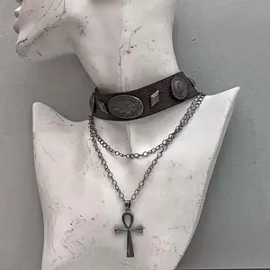 Personalized niche choker retro brown leather collar double cross Roman rivet hip-hop punk trend necklace