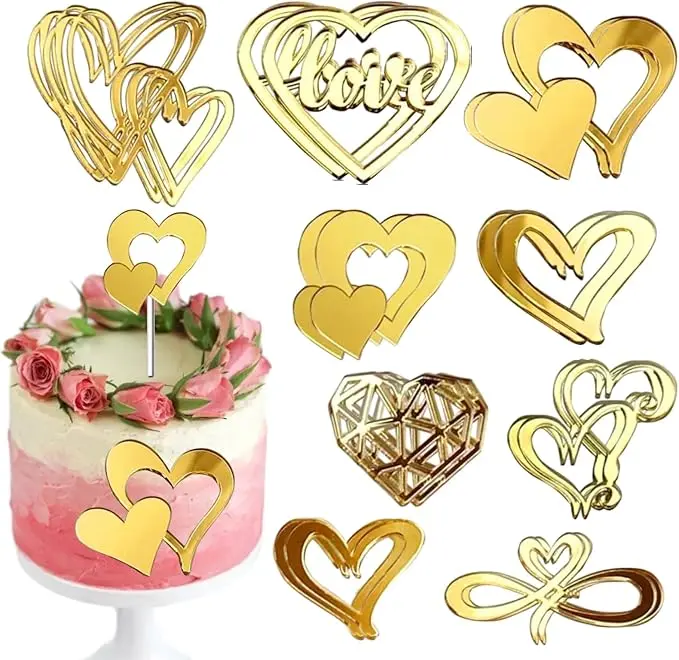 18 Pcs Acrylic Minimalist Love Heart Cake Topper Gold Wedding Cake Toppers Cake Decorations for Valentine's Day Anniversary Engagement Birthday Party Supplies