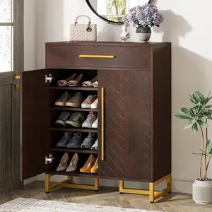 Tribesigns Modern Shoe Cabinet with Drawer, Holds 20 Pairs, Adjustable Shelves for Entryway, Hallway, Bedroom & Living Room, Walnut & Gold