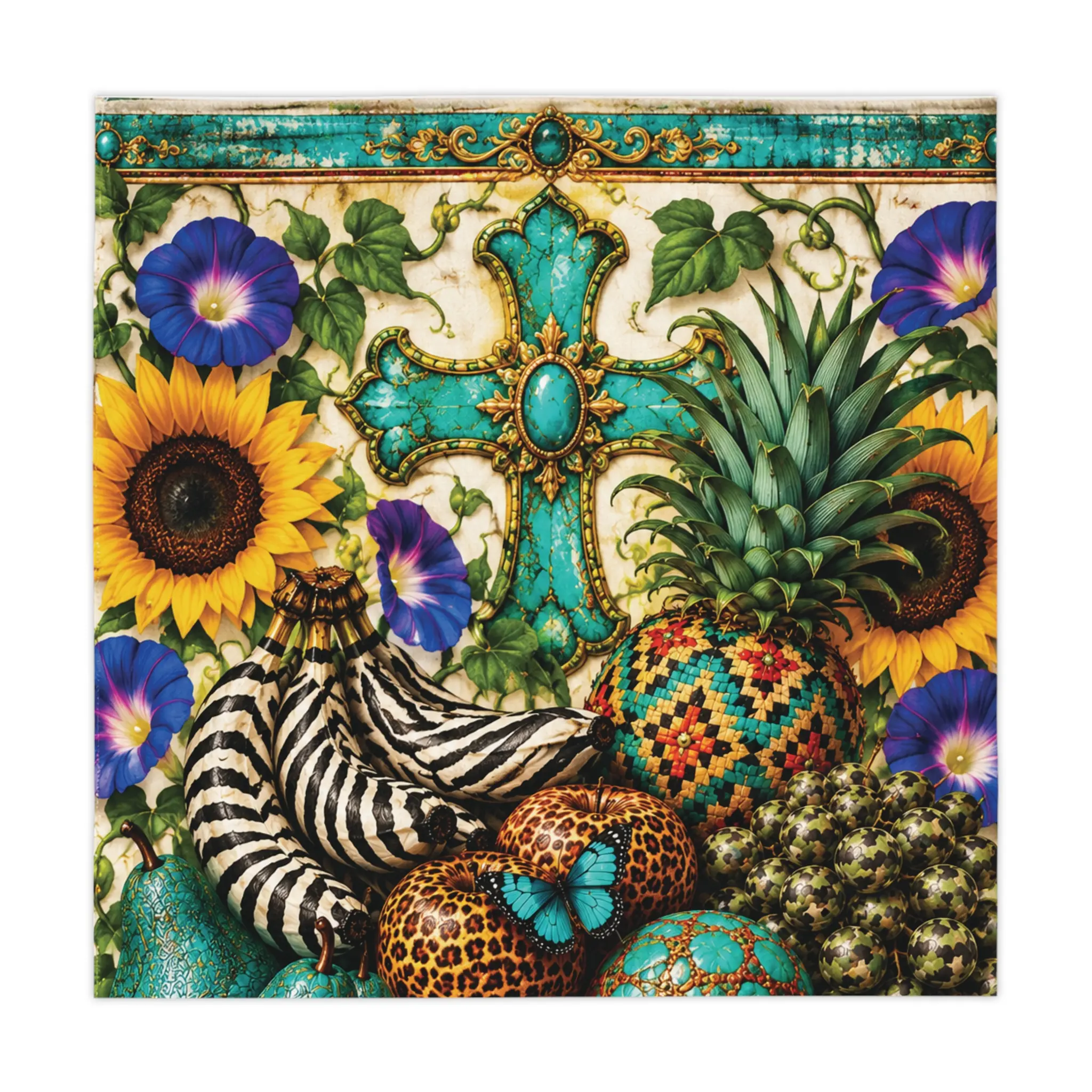 Turquoise Cross Sunflower Pineapple Tablecloth | Tropical Floral Pattern