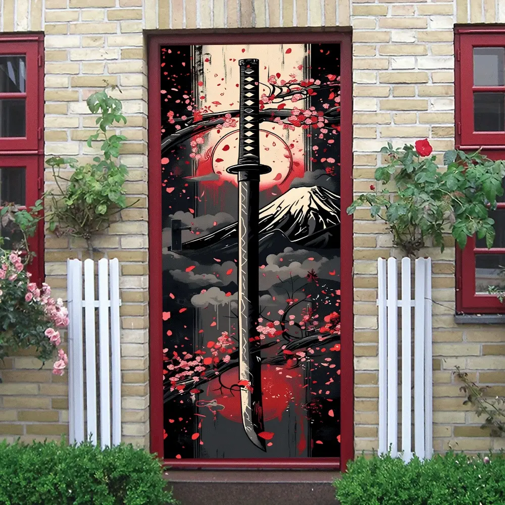 2 Japanese Samurai Sword Wall Sticker with Cherry Blossom and Mount Fuji Design for Home Decor - Removable Vinyl Decal for Living Room Bedroom Office Door Window - Asian Style Art Mural Decoration