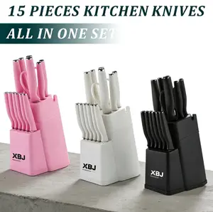 15 Pcs Steel Kitchen BlockKnife Set with Block, Sharpener, Heavy PoultryShears and 6pcs Serrated Steak Knives RazorSharp, Anti-Slip Handle Steel,Handy, Stainless German Blade Utensils Modern Kitchenware Storage Cutting
