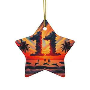 Ceramic Ornament Star, Heart, Snowflake or Circle 1111 "Paradise Twilight: Tropical Serenity's Embrace" - Tropical Beach Sunset with Palm Trees, Dolphins, and Sailboats Decor Pack Clouds Angel Hanging Decoration