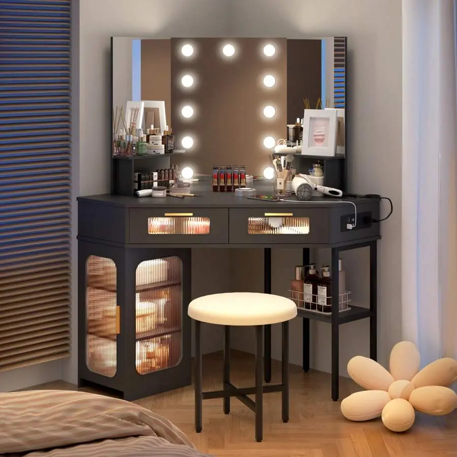 Makeup Vanity Set with Desk, Chair, 3-Color Dimmable LED Lighting, Charging Station Power Strip, Sensory Spin Mirror, RGB Gaming Nightstand, Tall Glass Door - White/Black/Grey Options