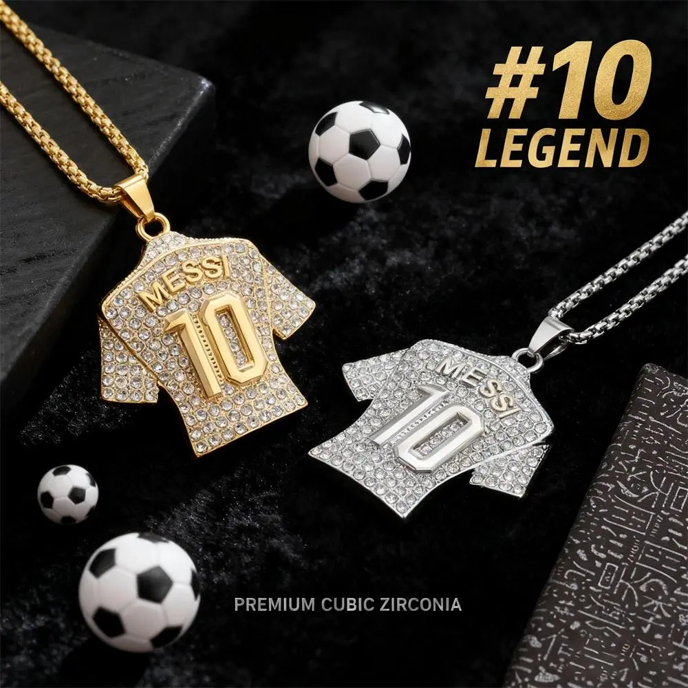 Messi No.10 Jersey Pendant Necklace - Classic Stainless Steel Chain Jewelry Necklaces for Football Fans, Sports Couple Costume Fashion Accessories