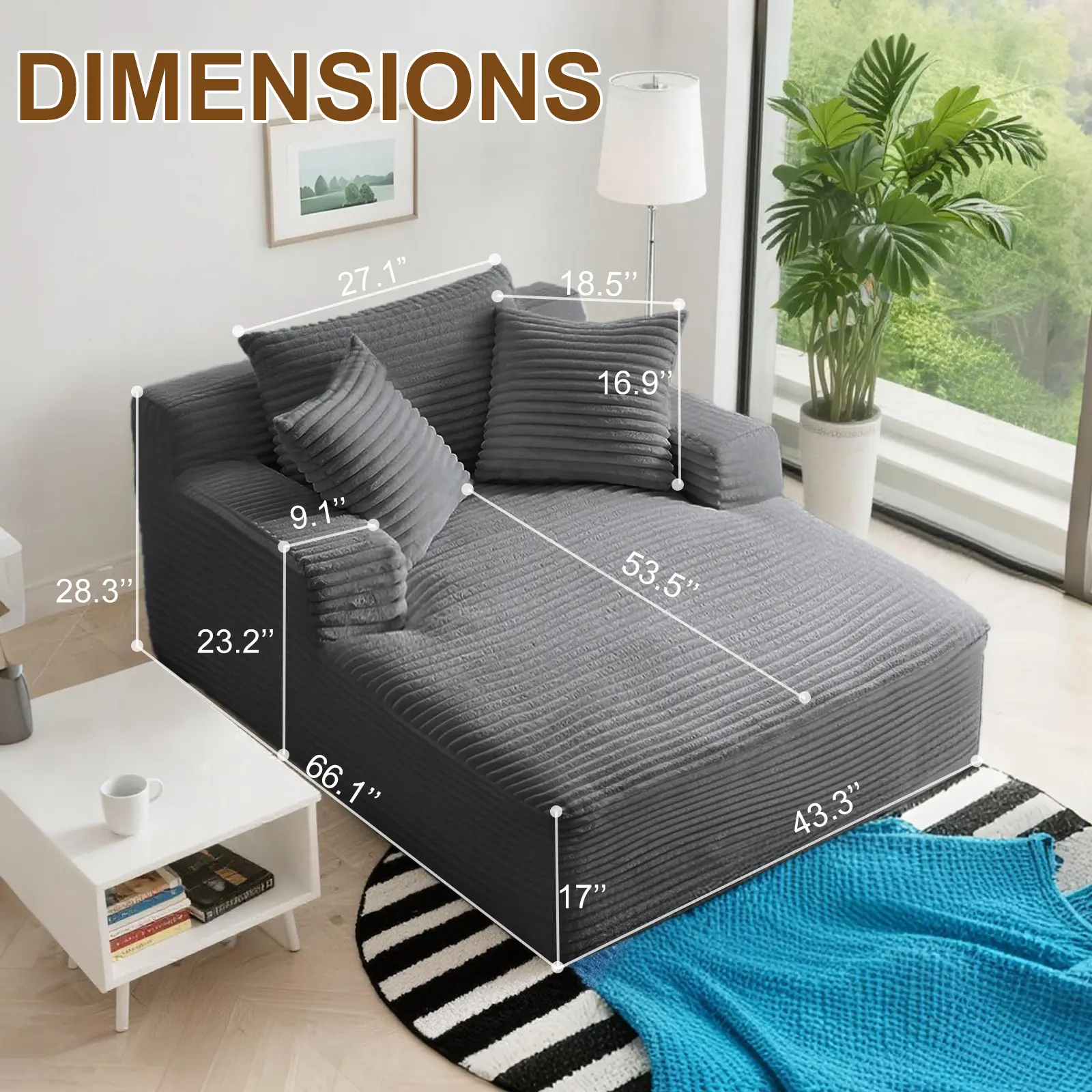 Dark Grey Plush Corduroy Single Seat Chaise