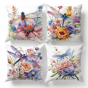 4 Pcs Painting Printed Pillow Cover, Dragonfly Flowers Throw Pillow Cover for Couch Cushion Living Room Bedroom Sofa 18x18 Inch (No Pillowcase Insert)