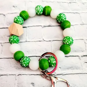 Mommie Peas Nylon Mental Health Awareness Beaded Wristlet Keychain - Green Ribbon Support Gift, with Swivel Snap Hook