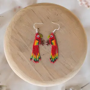 Fire Birds - Native Beaded Earrings with Red Bird Design - Handmade by Huichol Artisans - Mother Sierra