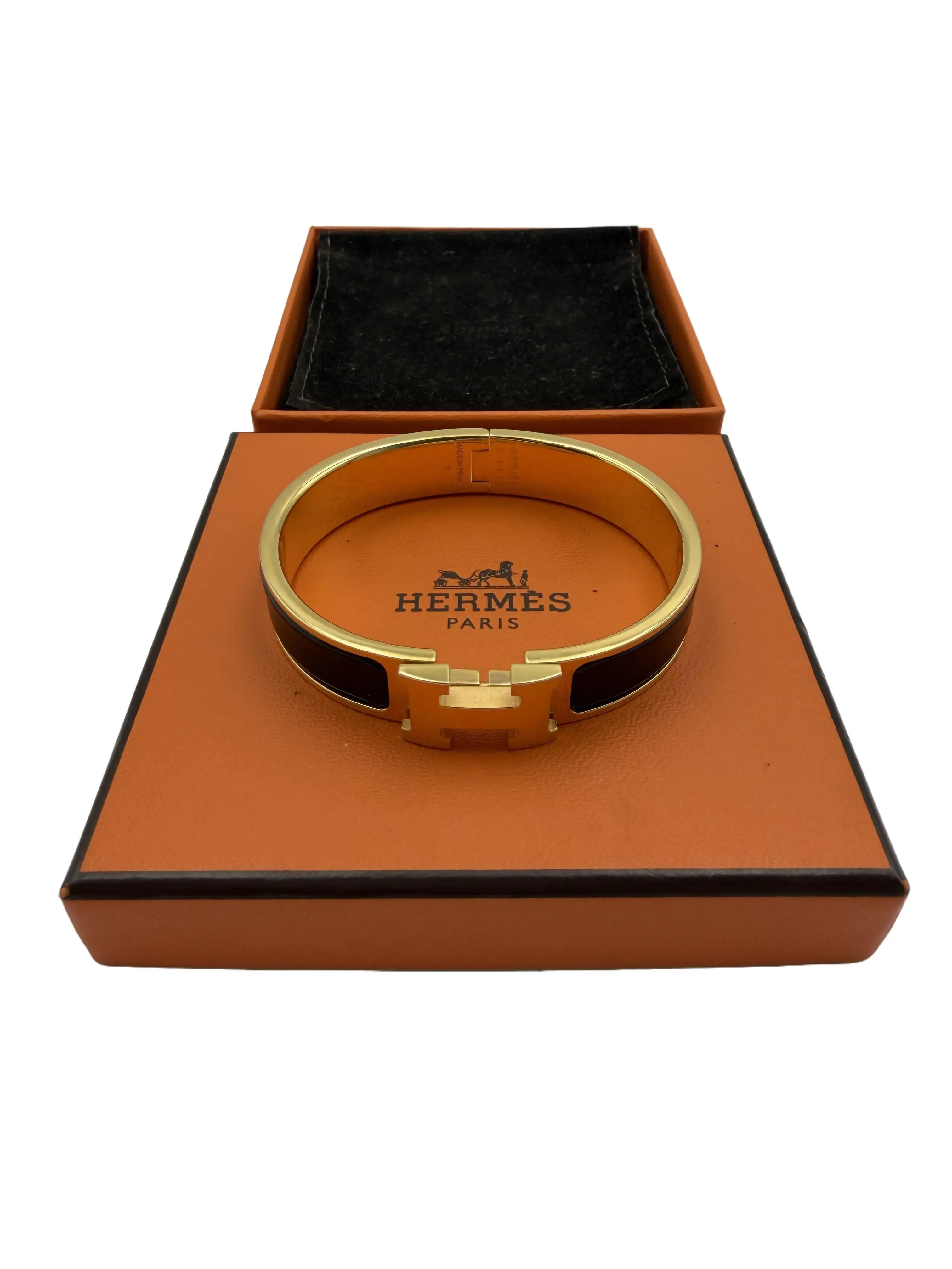 Pre-owned H6 Hermès Clic H Bracelet Gold Tone Black Enamel Bangle XYS9184