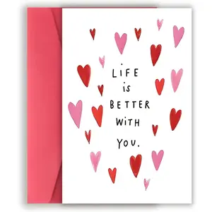 5 elegant handmade heart-shaped anniversary cards with envelopes-pink and red love meter, "Better life with you" message, 4.7x6.7-inch soft-tone love cards suitable for couples, weddings, Valentine's Day, Valentine's Day gifts and wedding anniversary card