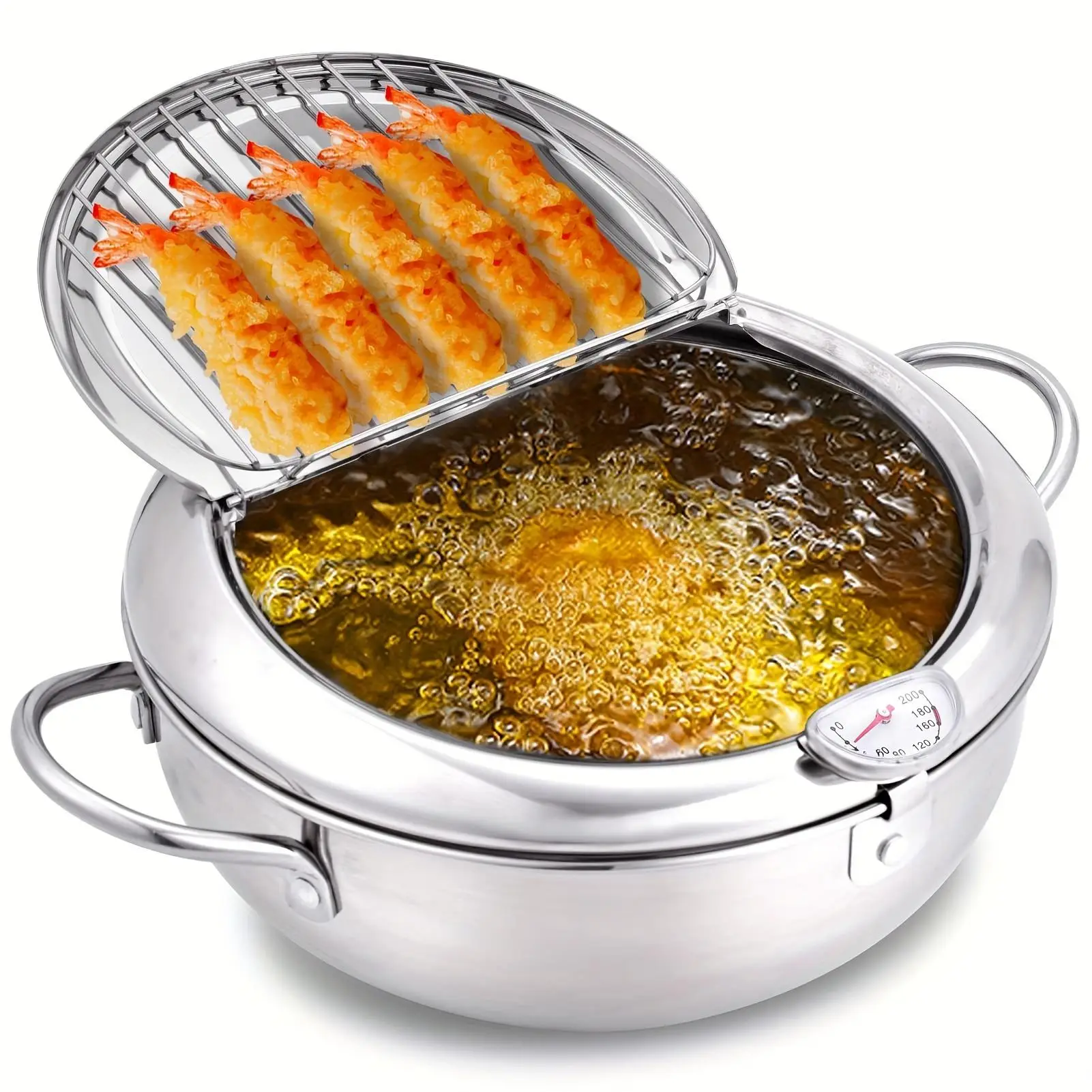 Deep Fryer with Temperature Control and Lid, Portable Stainless Steel Fried Chicken & Potato Pot, Multifunctional Frying Pan for Home Kitchen, Summer