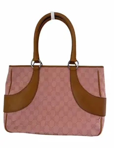 Pre-owned GUCCI 1990s tote Guccissima Vintage Pink Canvas with Brown Leather Trim Zipper Top with Dust Bag