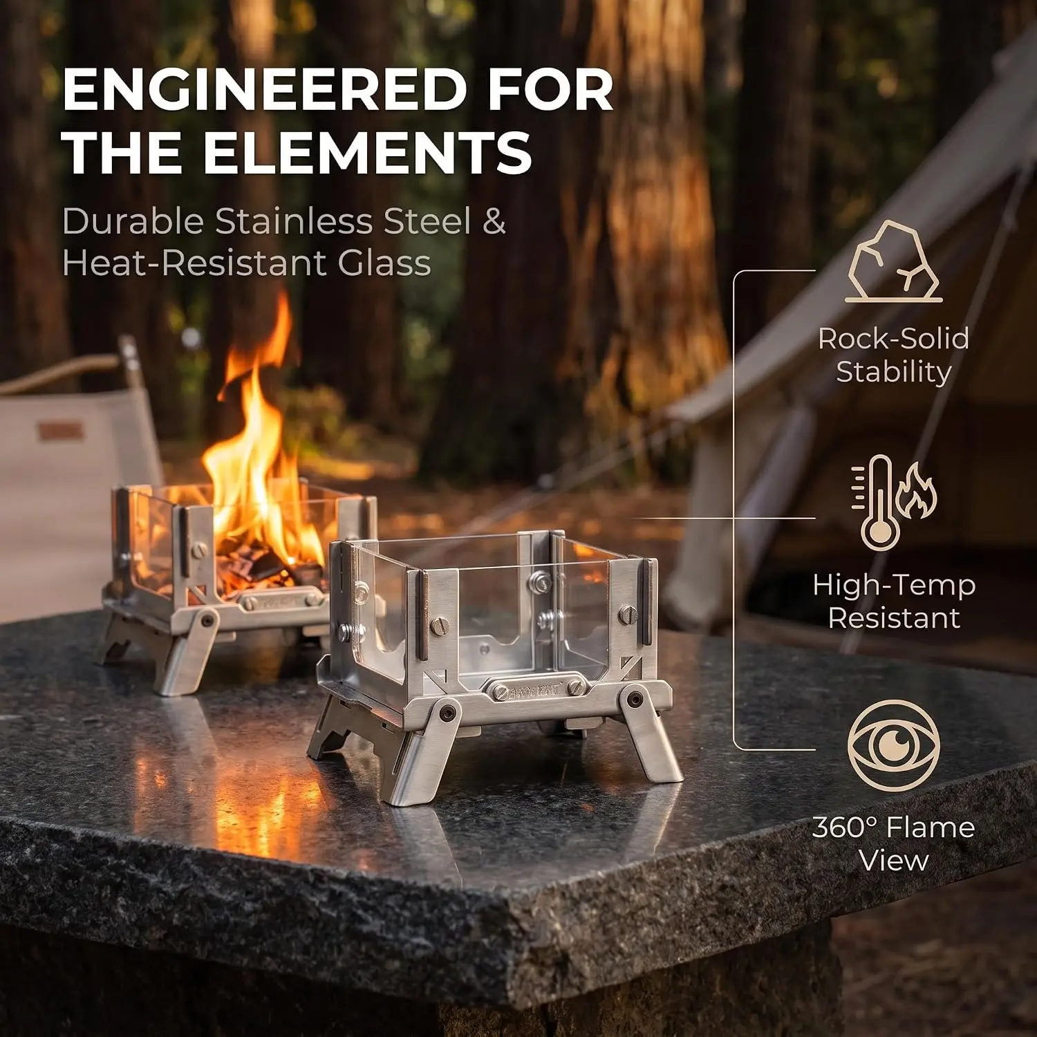 Viral Mini Tabletop Fire Pit Foldable Stainless Steel Camping Fire Pit with Borosilicate Glass, 360° Flame View Portable Bonfire Stove for Glamping Backyard RV Trip