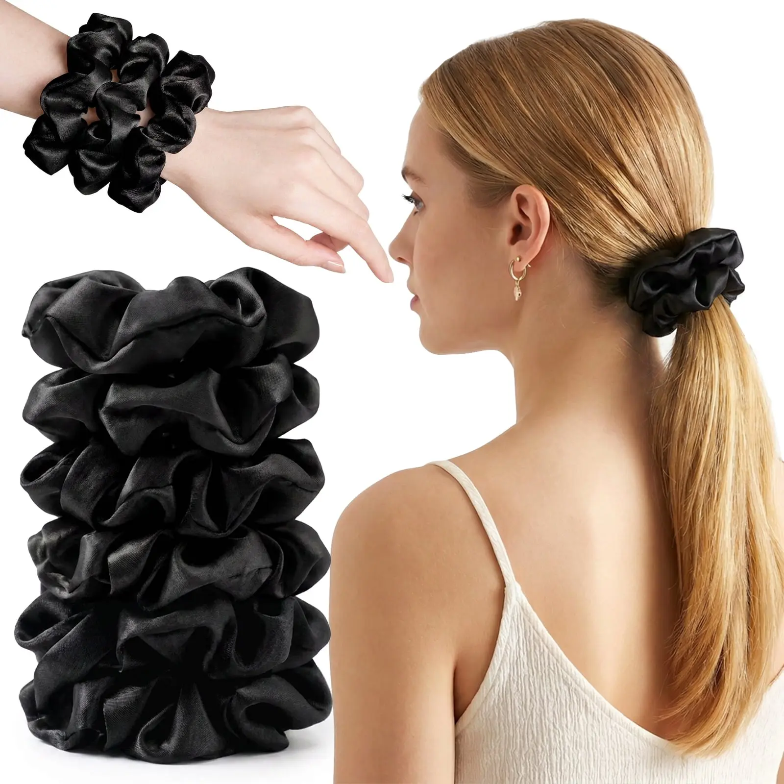 6 Pcs Satin Scrunchies for Women, Satin Hair Ties, Stylish Width Elastic Hair Scrunchies Accessories, Classic Black