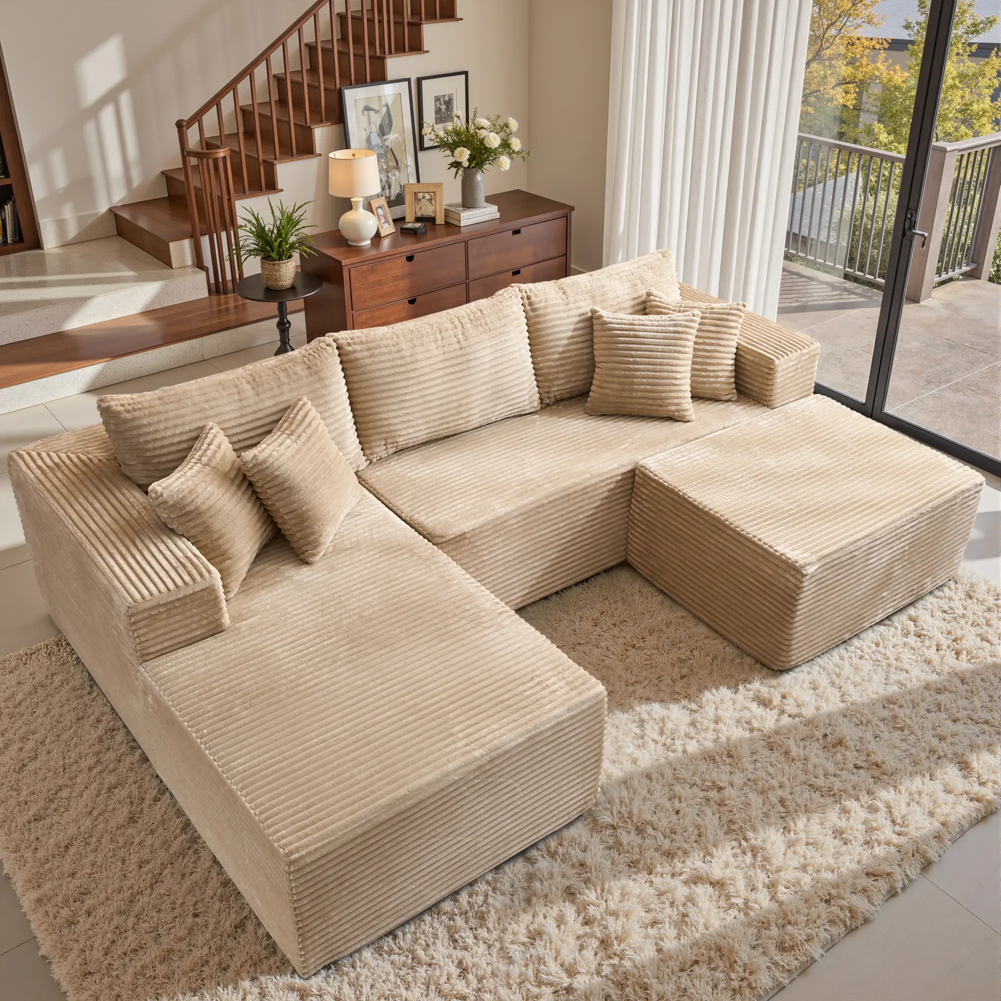 106" Beige U-Shaped with Ottoman, Left Chaise