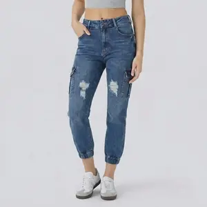 Women's High Waist Distressed Cargo Jogger Jeans, Y2K Streetwear Ripped Denim Pants with Flap Pockets, Elastic Cuff Casual Utility Jeans for Women 2026 Trend
