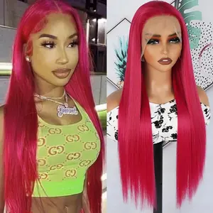 13X4 Free Part  Pink Lace Front Wigs Wear And Go Glueless Wig Pre Plucked Hairline Soft Long Straight Hair Wig Magenta Pink Wigs Ready To Wear Wigs