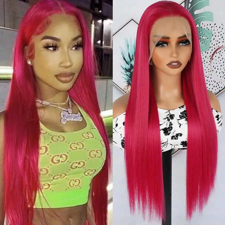 13X4 Free Part  Pink Lace Front Wigs Wear And Go Glueless Wig Pre Plucked Hairline Soft Long Straight Hair Wig Magenta Pink Wigs Ready To Wear Wigs Adjustable Human Hair