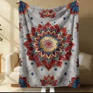 Mandala Lotus Pattern Print Flannel Blanket, Gray Texture Mandala Print Blanket, Lightweight, Breathable, All-Season Use, Sofa Blankets, Nap Blankets, Decorative Blankets, Suitable for Living Rooms & Bedrooms