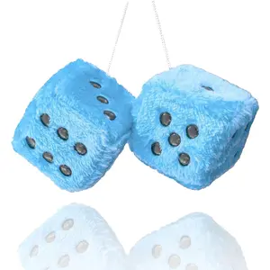 Fuzzy Plush Dice for Car Mirror, Pair of Retro 3" Light Blue Dice with Black Dots for Car Interior Hanging Ornament Decoration