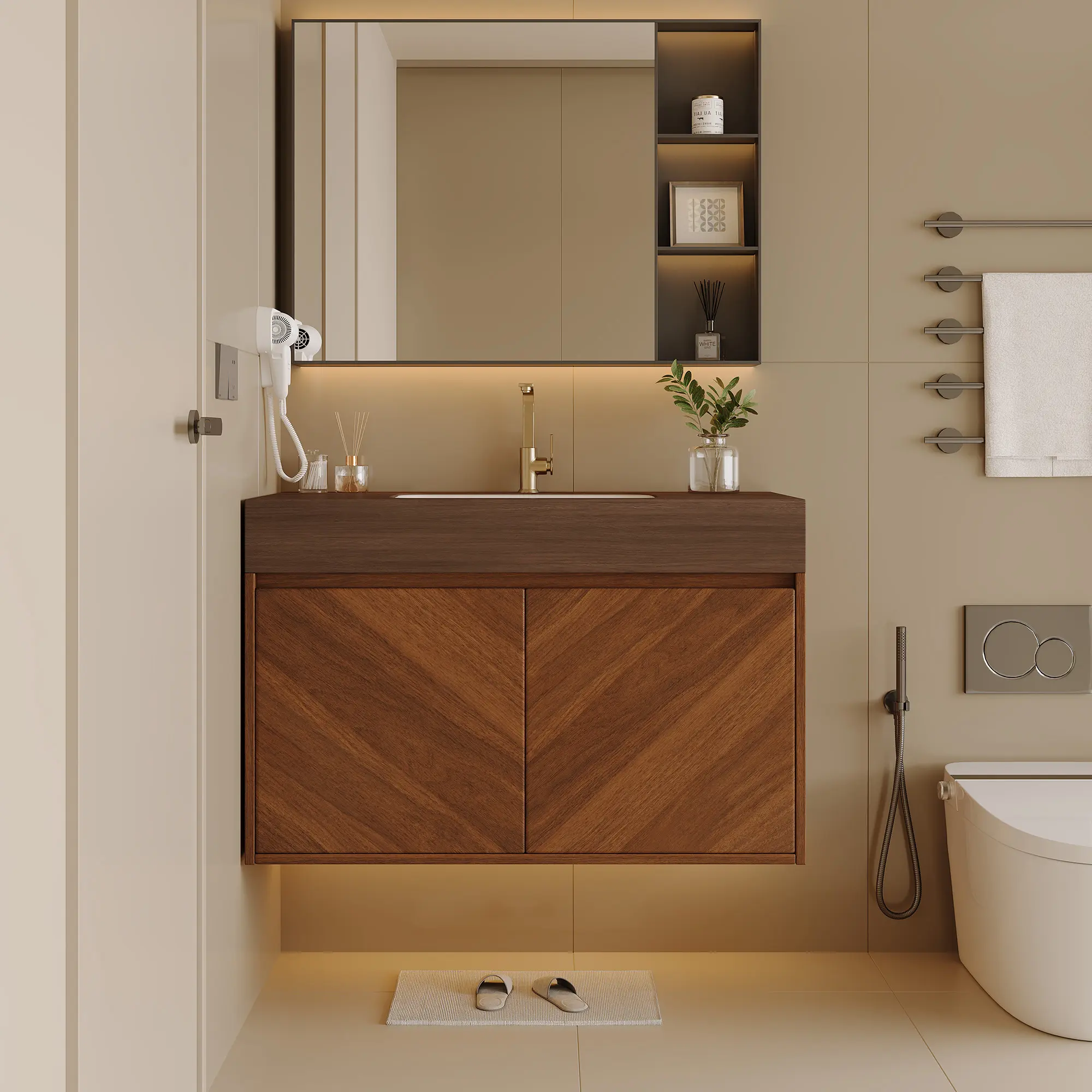 Wall-Mounted Bathroom Vanity with Space-Saving Design, 30-Inch, Brown Oak Finish, Ceramic Sink, Soft-Close Doors