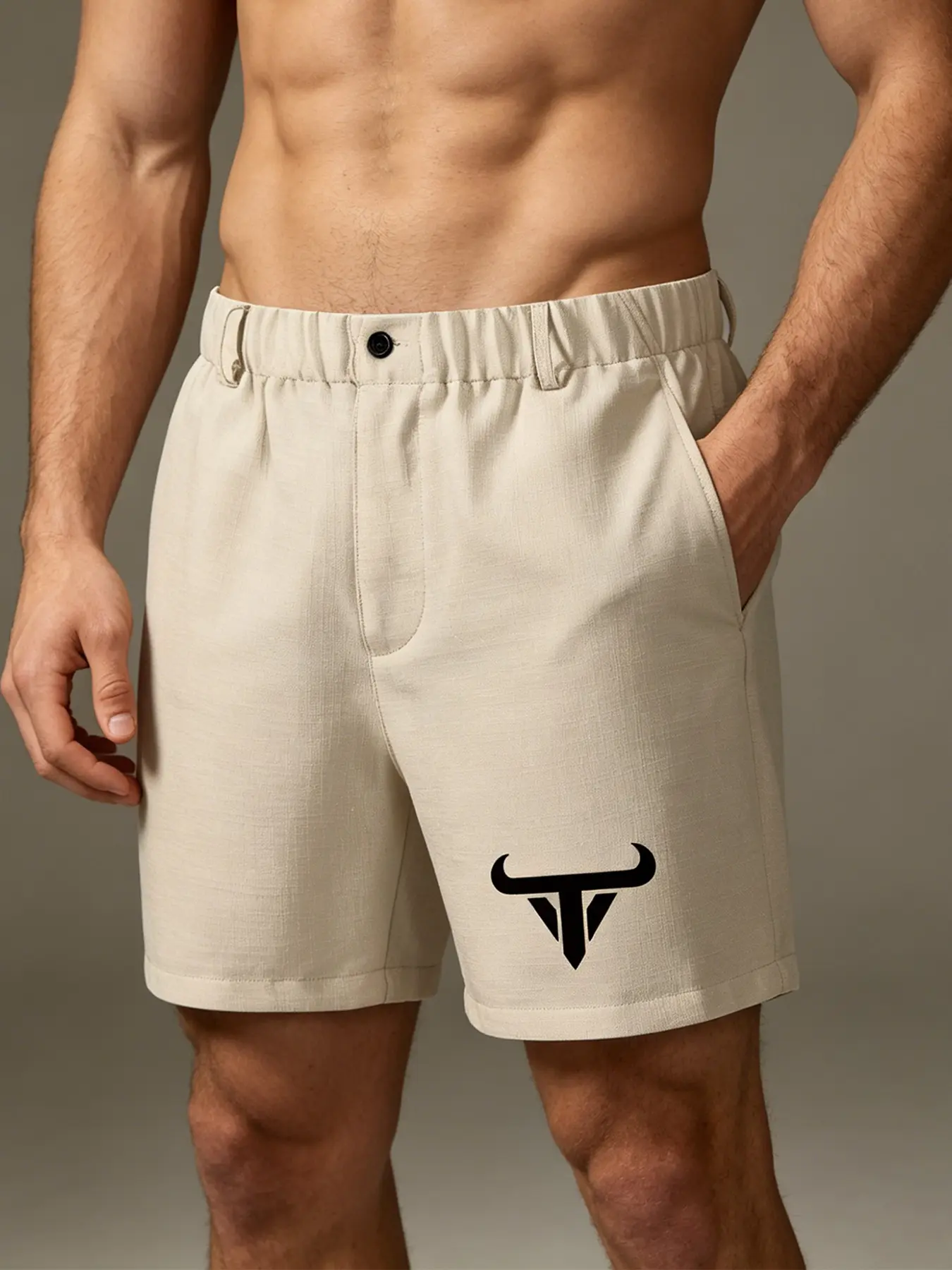 Y2K Men’s Beige Linen-Look Shorts Elastic Waist Beach Casual Summer Streetwear with Side Pockets Minimalist Bull Head Graphic Print